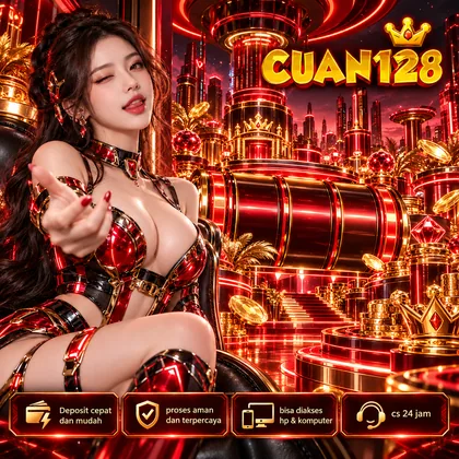 Poster CUAN128 kota futuristik merah emas dan karakter fantasi di sebelah kiri